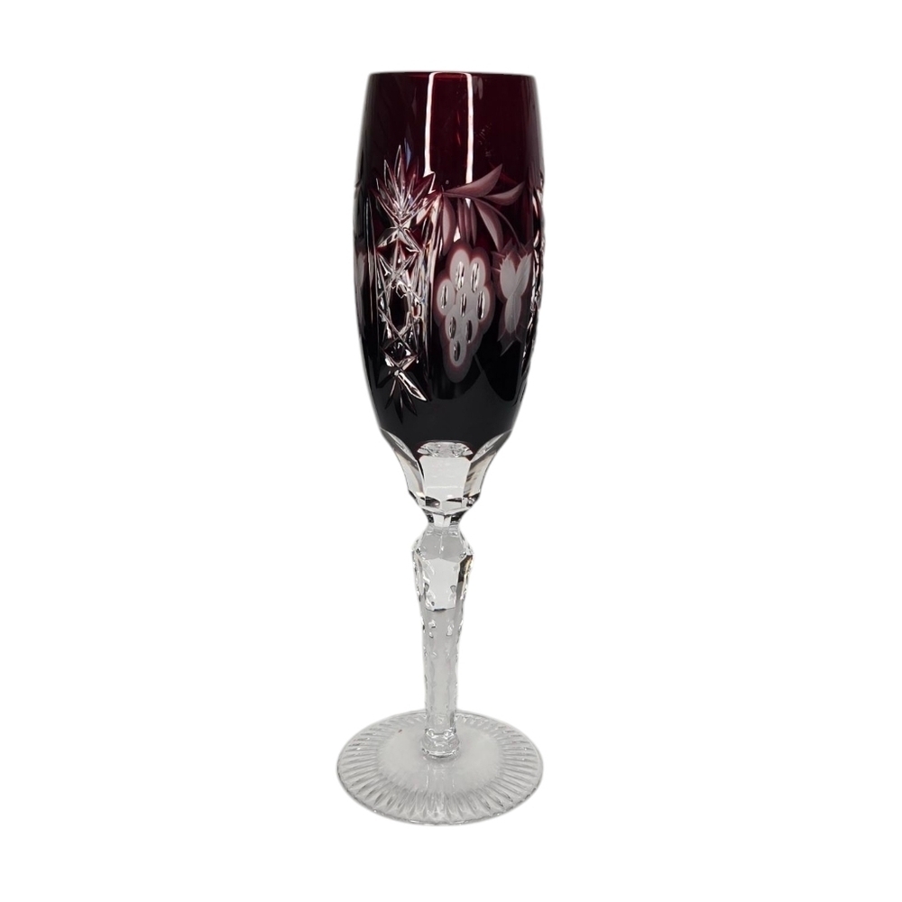 Ajka Marsala Crystal Champagne Flute Ruby 8 7/8” Grapes And Pinwheels